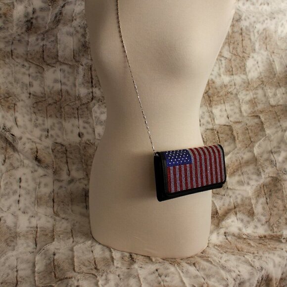 Patriotic Red White Blue Rhinestone Bling Black Hobo Crossbody Mini Shoulder Bag - Picture 11 of 11